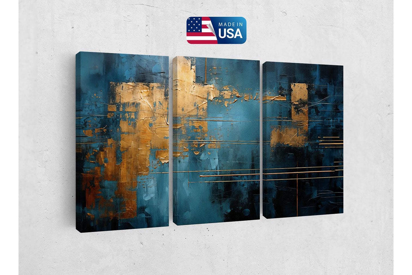 a painting on a wall with a us flag in the background