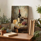 a wooden table with a painting of a wine bottle and various fruits, such as grapes and cheese, as well as some books and potted plants.