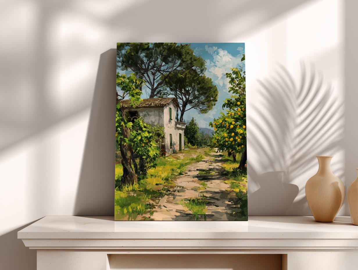 a painting of a small house surrounded by trees and a dirt path, set against a backdrop of a blue sky with clouds.