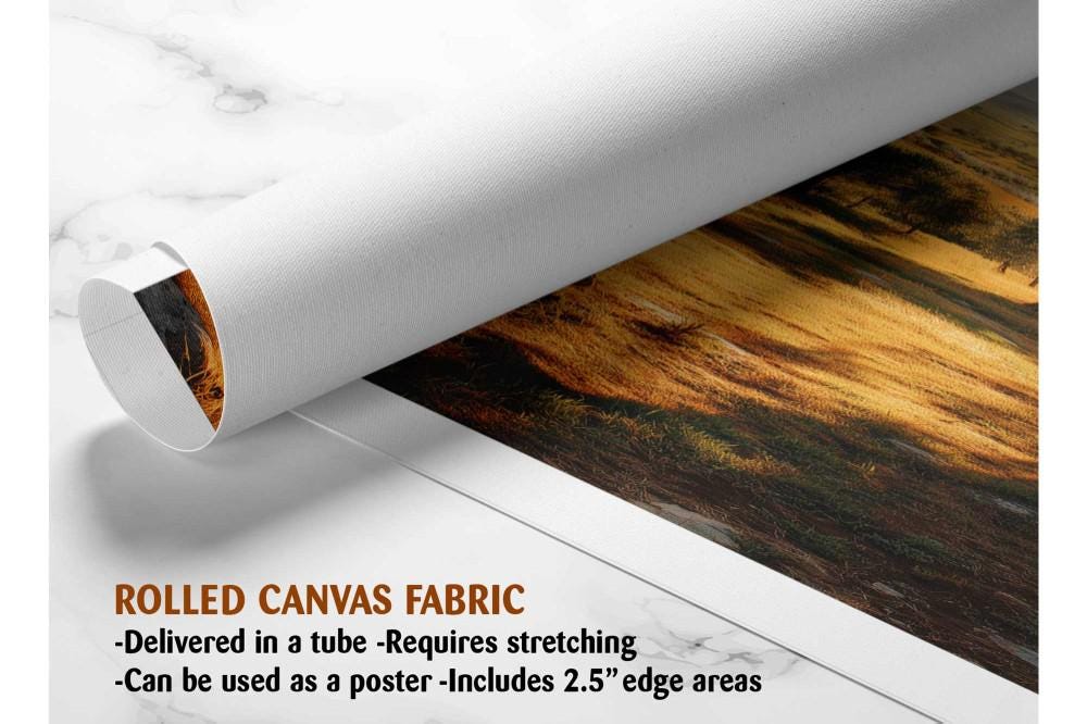 The image is a rolled canvas fabric, which is a type of canvas material used for painting or printing. It is described as a tube-delivered fabric that requires stretching and can be used as a poster with a 2.5&quot; edge.