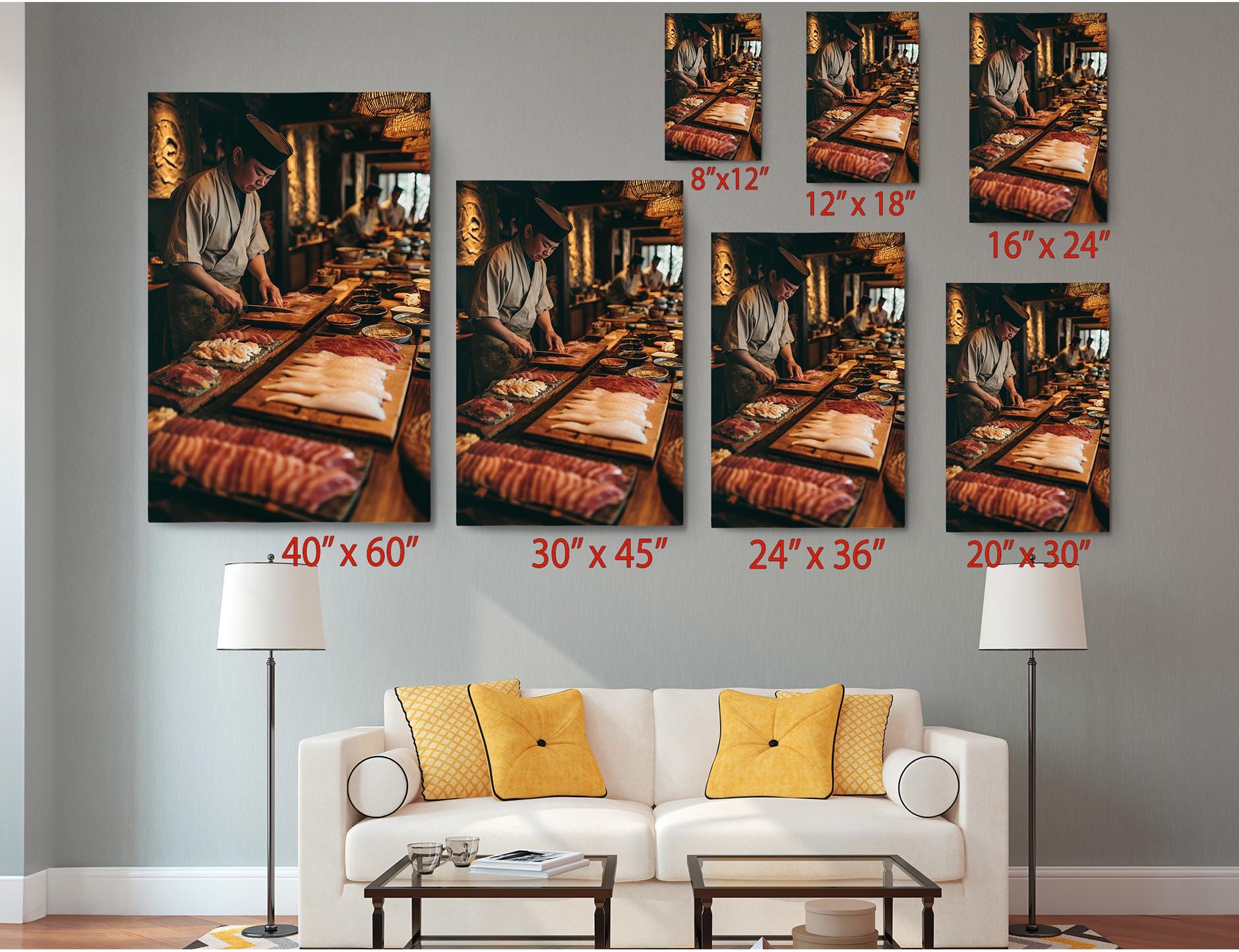 The image is a living room with a white couch and a coffee table. Above the couch, there are six framed photographs of a chef working in a kitchen, each with a different size and resolution. The photographs are arranged in a grid pattern on the wall, with each one having a specific size and resolution, ranging from 8&quot; x 12&quot; to 24&quot; x 36&quot;.