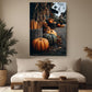 a cozy living room with a large, vibrant painting of pumpkins and gourds hanging on the wall. The painting is surrounded by various decorative elements, including potted plants, vases, and a wooden coffee table. The room has a comfortable couch and a wooden floor, creating a warm and inviting atmosphere.