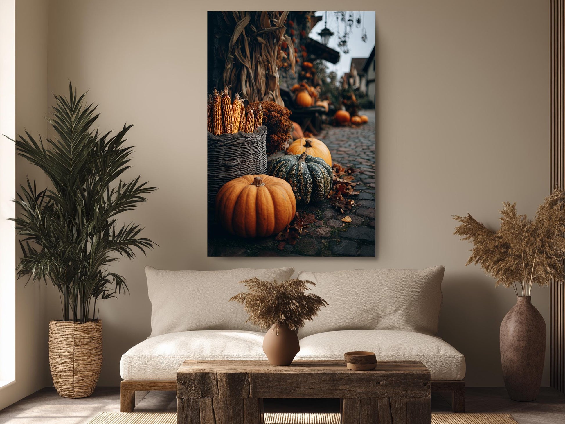 a cozy living room with a large, vibrant painting of pumpkins and gourds hanging on the wall. The painting is surrounded by various decorative elements, including potted plants, vases, and a wooden coffee table. The room has a comfortable couch and a wooden floor, creating a warm and inviting atmosphere.