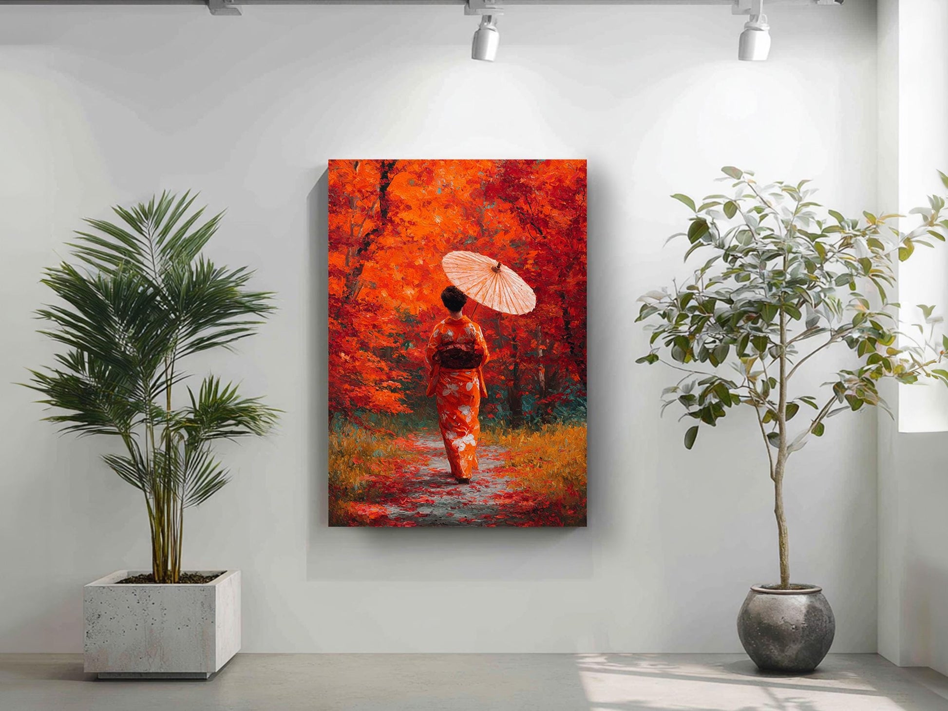 a woman in a traditional Japanese kimono holding an umbrella, walking through a forest with vibrant autumn foliage.