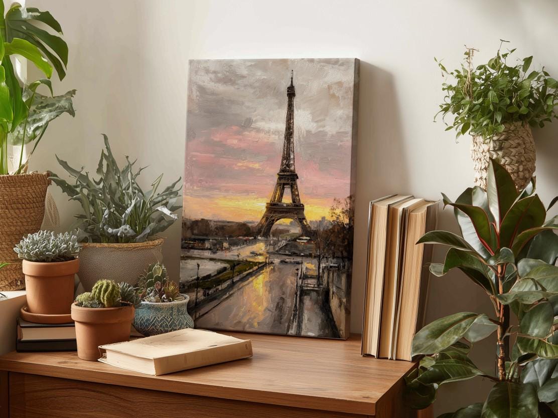 a wooden desk with a painting of the Eiffel Tower in the background, surrounded by potted plants and books.