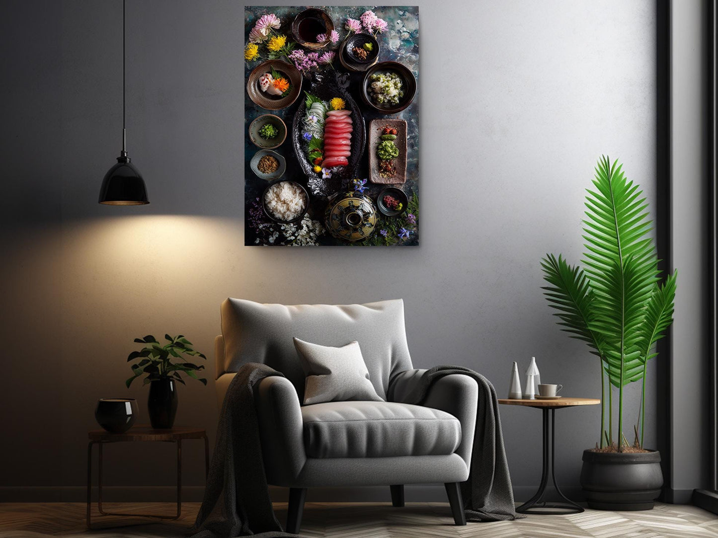 a cozy living room with a comfortable gray armchair, a wooden side table, and a potted plant. Above the armchair, there is a large framed print of a colorful arrangement of food items, including bowls, plates, and various fruits and vegetables.