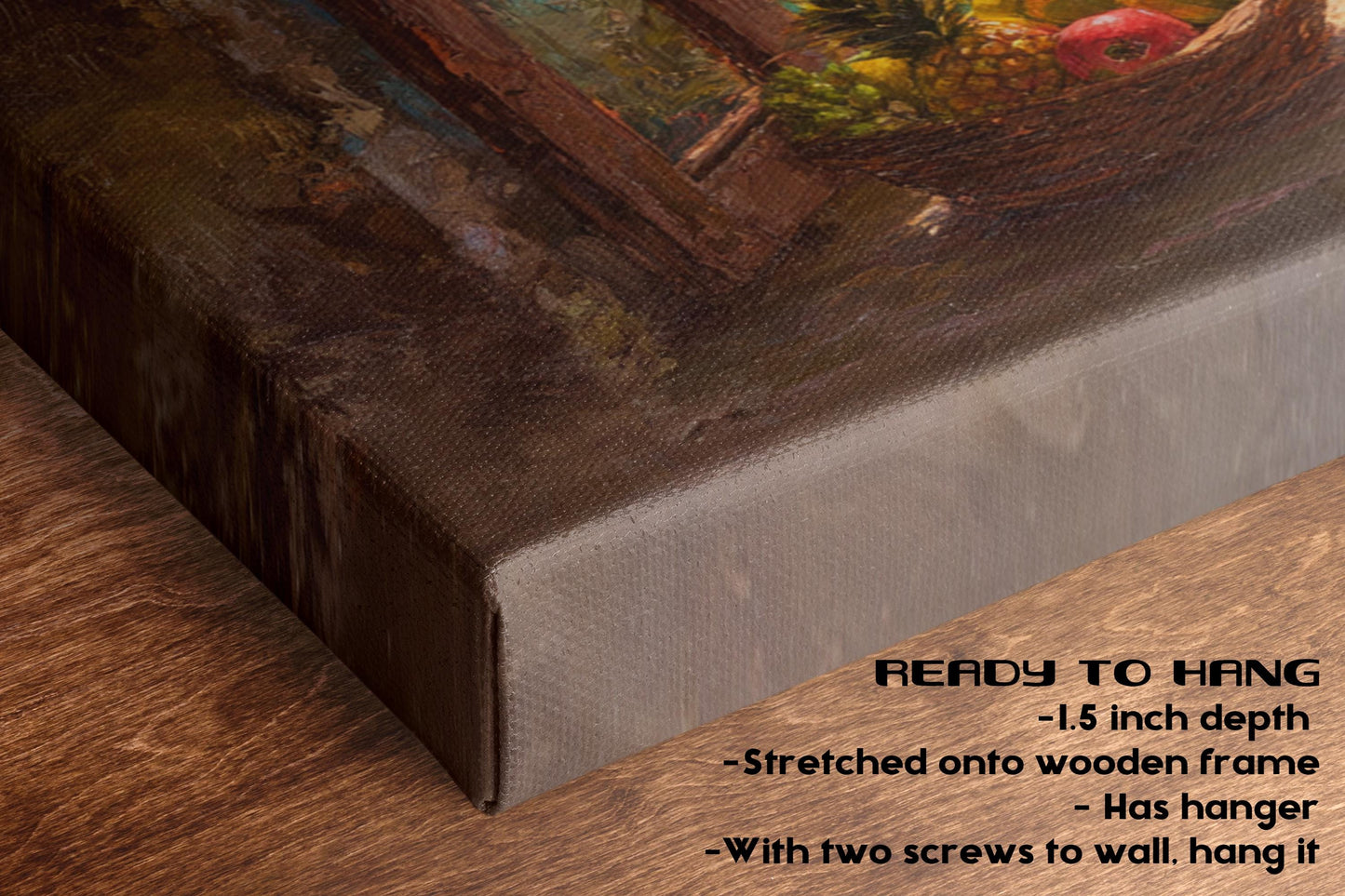 The image is a close-up of a wooden surface with a painting of a basket of fruit on it. The painting is stretched onto a wooden frame, and there are two screws to hang it.