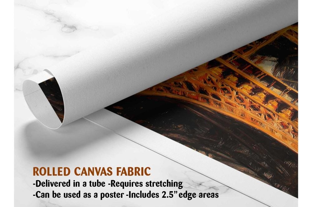 The image is a rolled canvas fabric, which is a type of canvas material used for painting or printing. It is described as a tube-delivered canvas fabric, which means it is delivered in a tube and requires stretching before use. It can be used as a poster with a 2.5&quot; edge area.