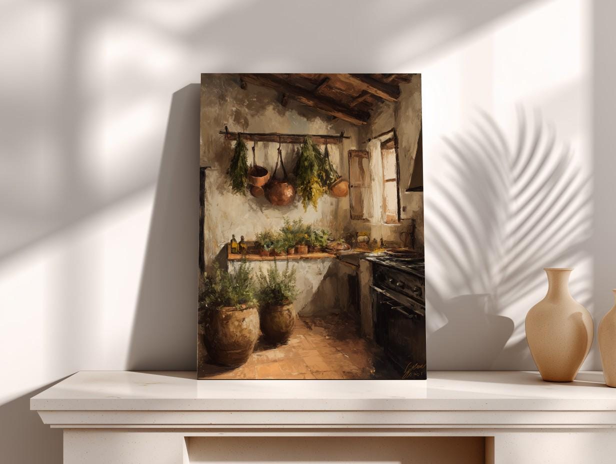 a cozy kitchen scene with a rustic charm, featuring a hanging pot rack with pots and pans, a wooden shelf with plants, and a stove.