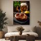a cozy living room with a large framed photograph of a pretzel and a mug of beer on a wooden table.