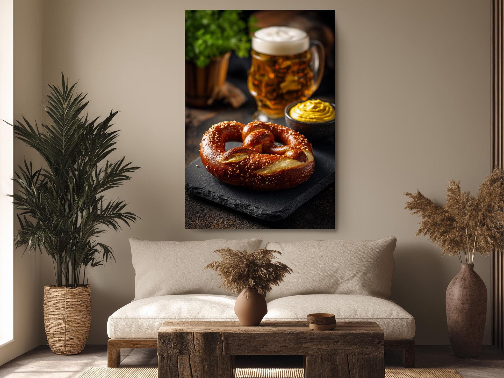 a cozy living room with a large framed photograph of a pretzel and a mug of beer on a wooden table.
