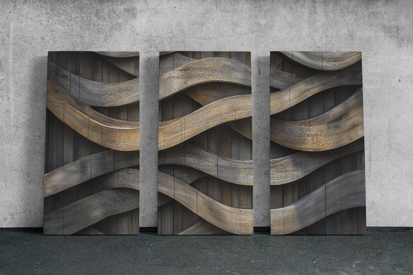 three panels of wood with wavy designs on them