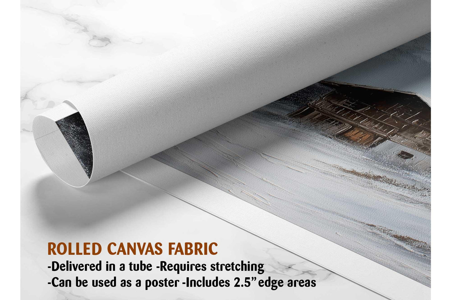 The image is a rolled canvas fabric, which is a type of canvas material used for painting or printing. It is described as a tube-delivered fabric, which means it is delivered in a tube and requires stretching before use. The fabric can be used as a poster with a 2.5&quot; edge area.