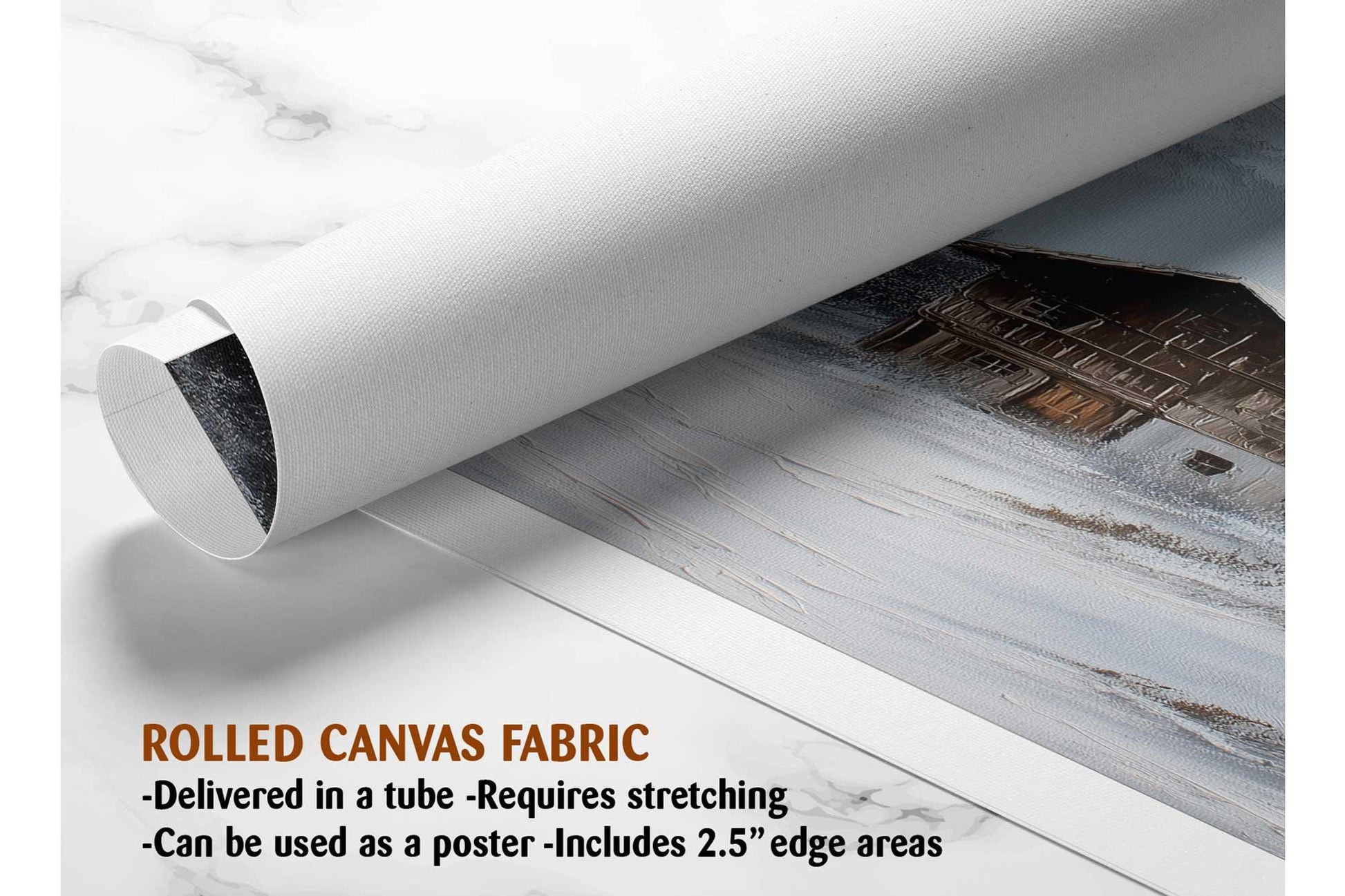 The image is a rolled canvas fabric, which is a type of canvas material used for painting or printing. It is described as a tube-delivered fabric, which means it is delivered in a tube and requires stretching before use. The fabric can be used as a poster with a 2.5&quot; edge area.