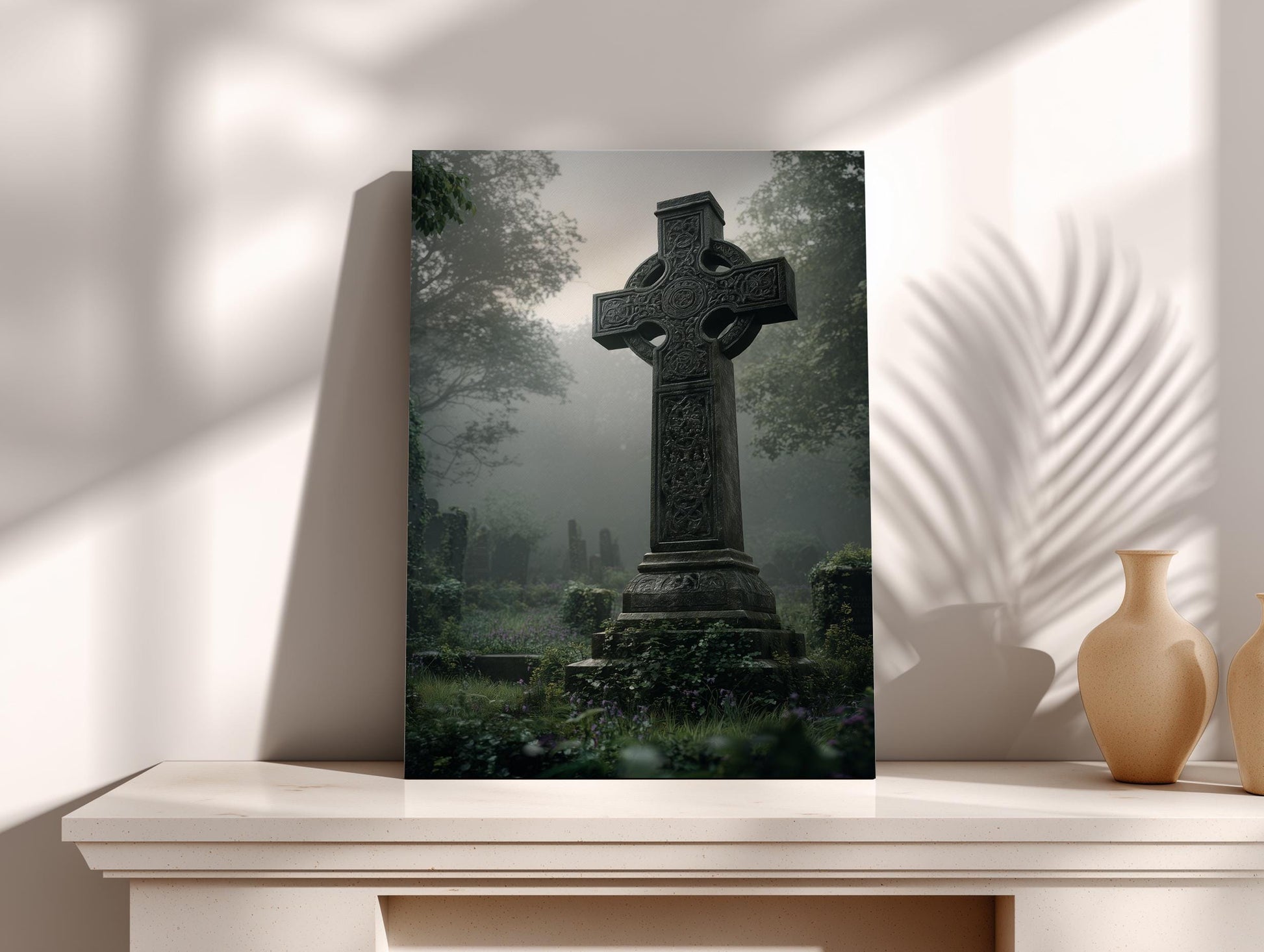 a large stone cross standing in a foggy graveyard, surrounded by trees and grass.