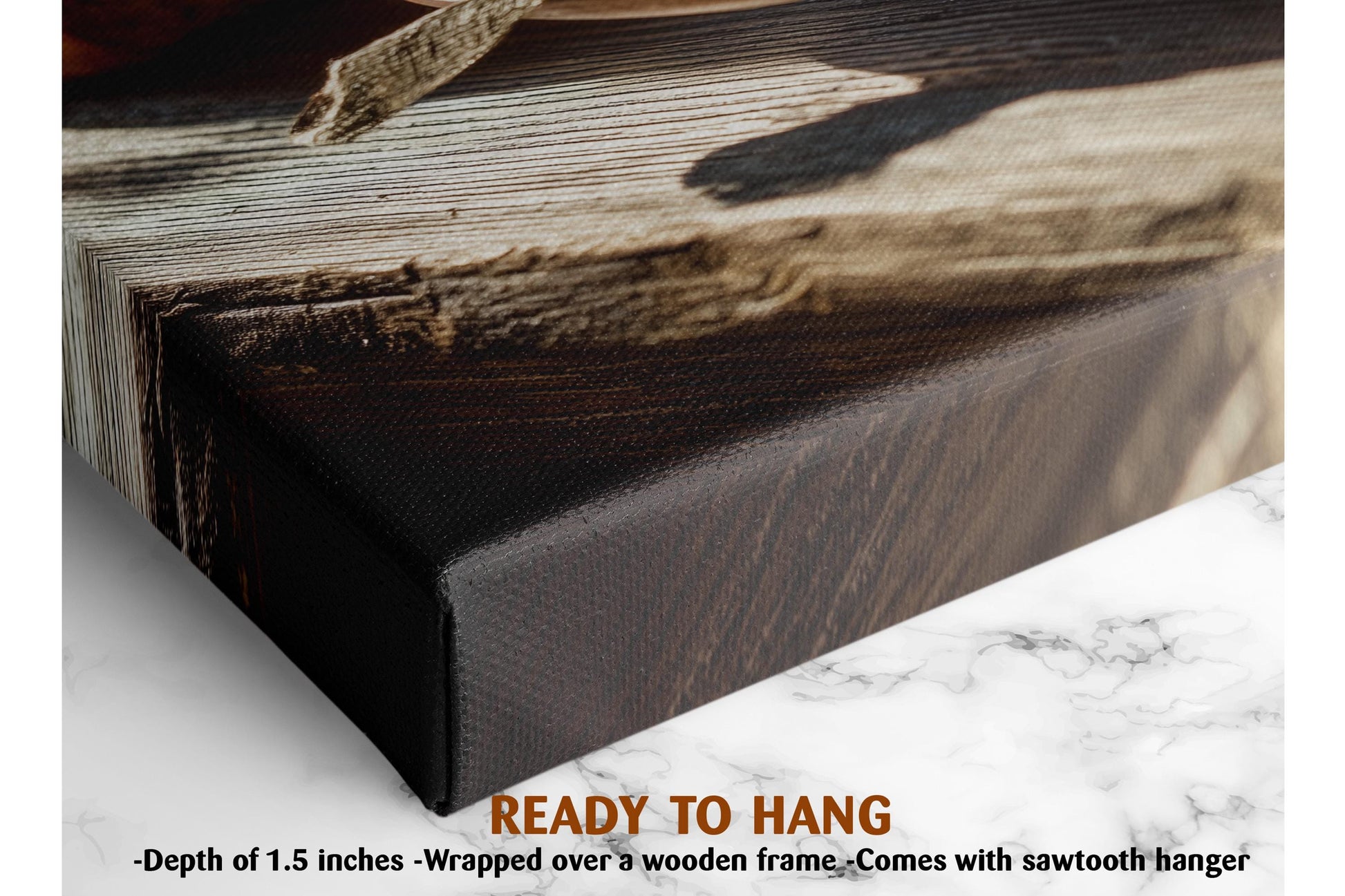 The image is a close-up of a wooden frame with a wooden surface, and it appears to be a canvas print or wall art.