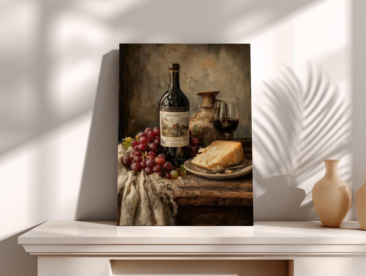 a still life painting of a table with a bottle of wine, a glass of wine, a plate of cheese, and a bunch of grapes.