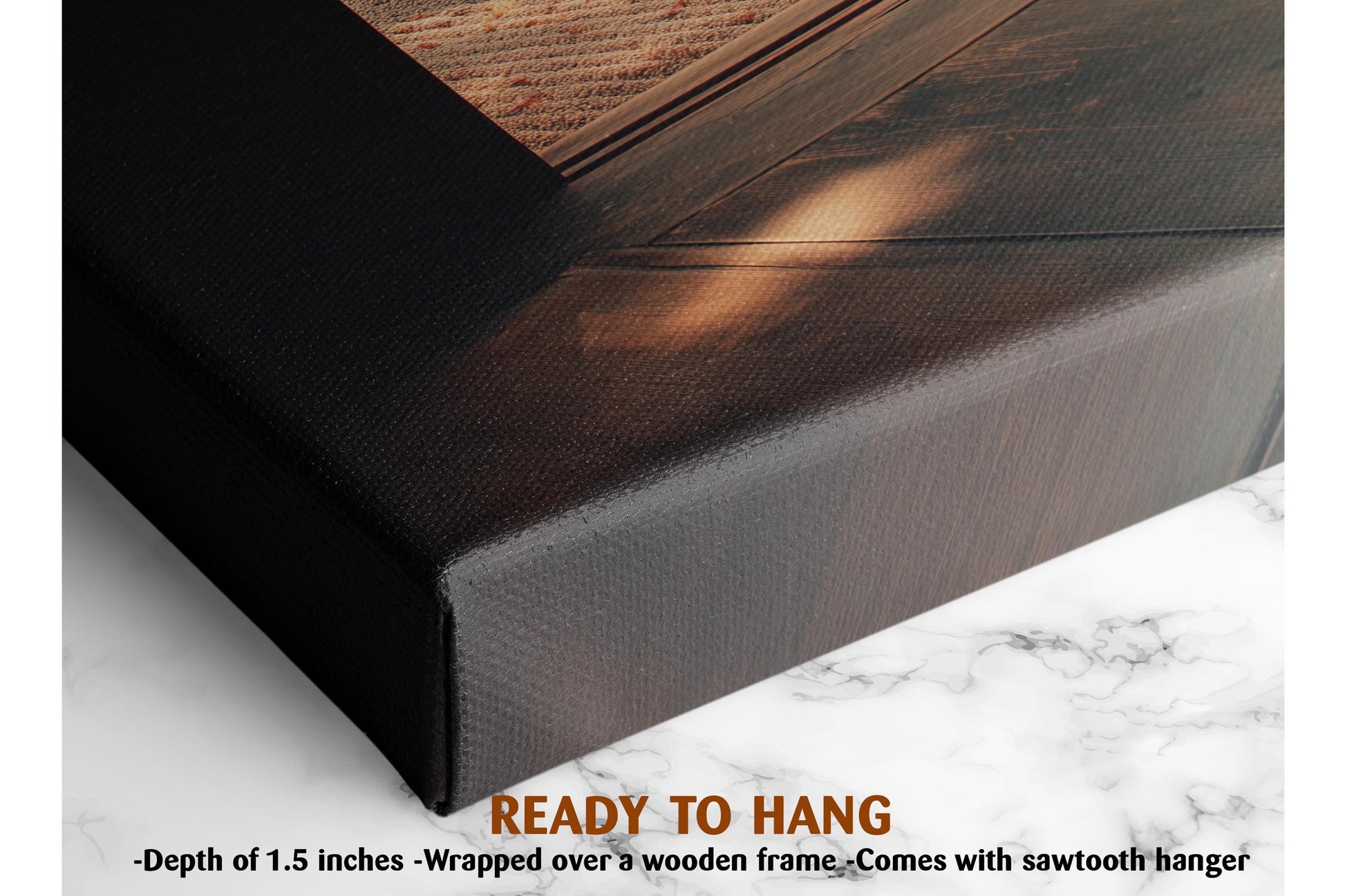 The image is a close-up of a wooden frame with a textured surface, and it is described as a ready-to-hang artwork.