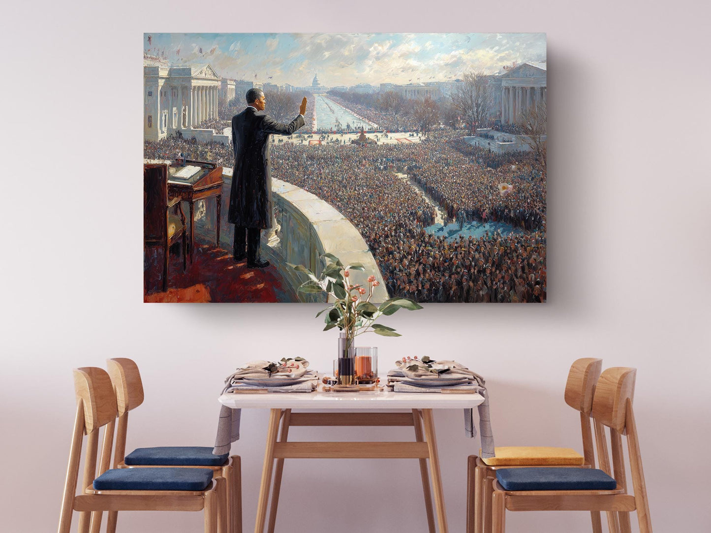 a large painting of a man standing on a balcony, addressing a crowd of people. The painting is hung on a wall above a dining table with chairs.