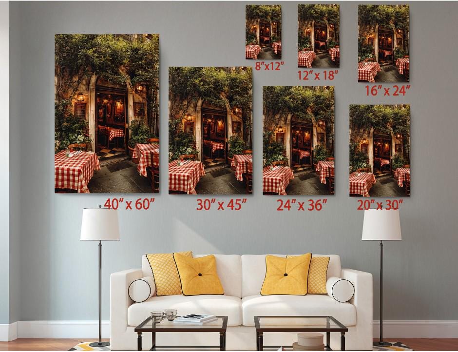 The image is a collage of six images depicting a restaurant scene, each with a different size and resolution. The images are arranged on a wall, with a white couch and a coffee table in the foreground.