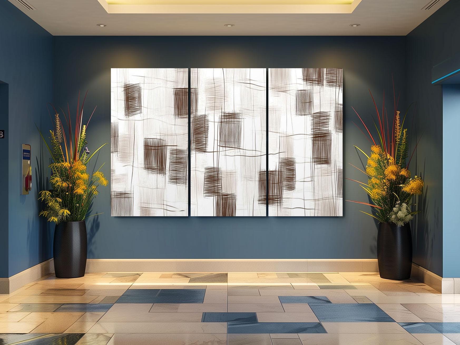 a room with two vases of flowers and a painting on the wall