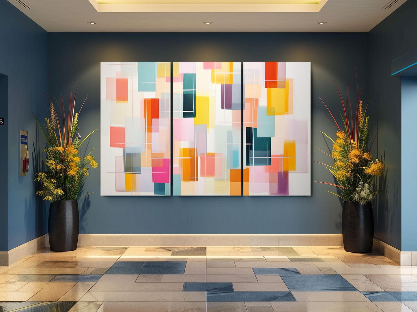 a room with two large paintings on the wall