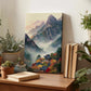 a wooden desk with a painting of a mountainous landscape, a stack of books, and several potted plants.
