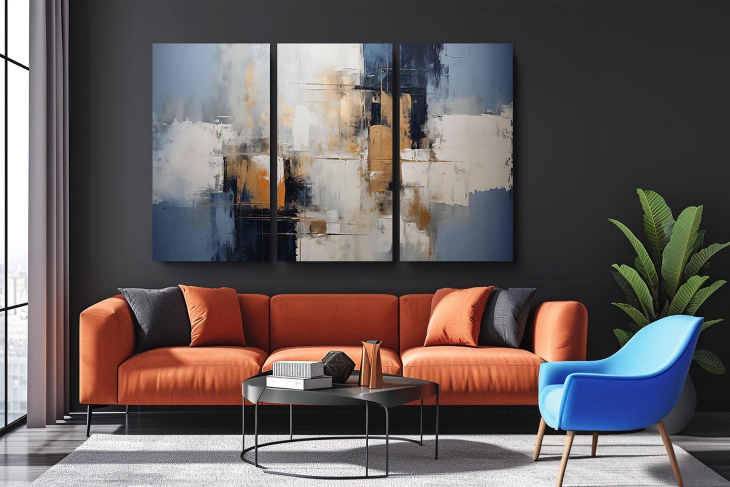 a living room with a couch and two chairs