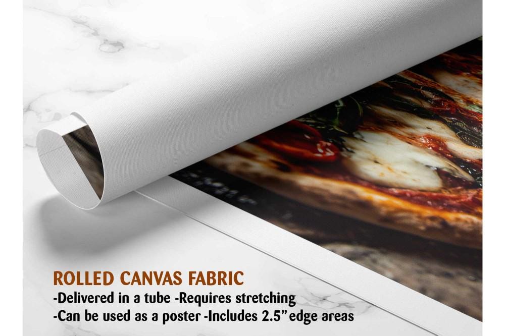 The image is a rolled canvas fabric, which is a type of canvas material used for creating posters or wall art. It is described as a tube-delivered fabric, which means it is delivered in a tube and requires stretching before use. The fabric can be used as a poster and includes a 2.5&quot; edge area.