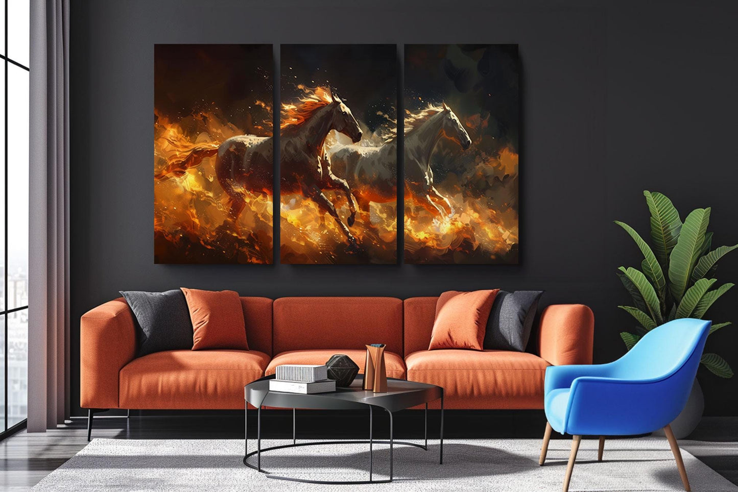 a living room with a couch and a painting on the wall