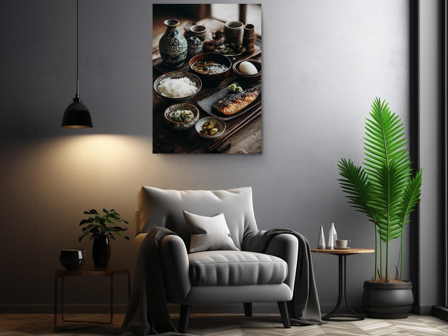 a cozy living room with a comfortable gray armchair, a wooden side table, and a potted plant. Above the armchair, there is a framed photograph of various bowls and dishes, creating a warm and inviting atmosphere.