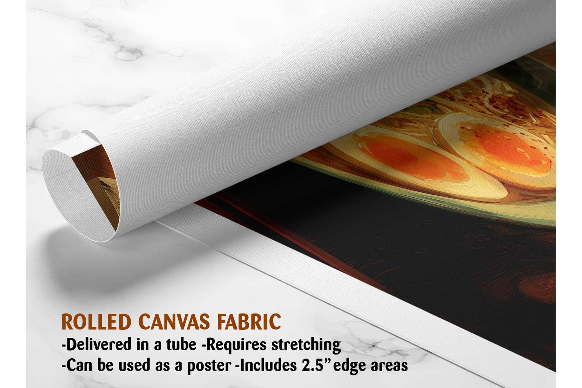 The image is a rolled canvas fabric, which is a type of canvas material used for painting or printing. It is described as a tube-delivered canvas fabric, which means it is delivered in a tube and requires stretching before use. It can be used as a poster with a 2.5&quot; edge area.