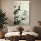 a serene living room with a large bamboo plant, a wooden coffee table, and a framed landscape painting on the wall.