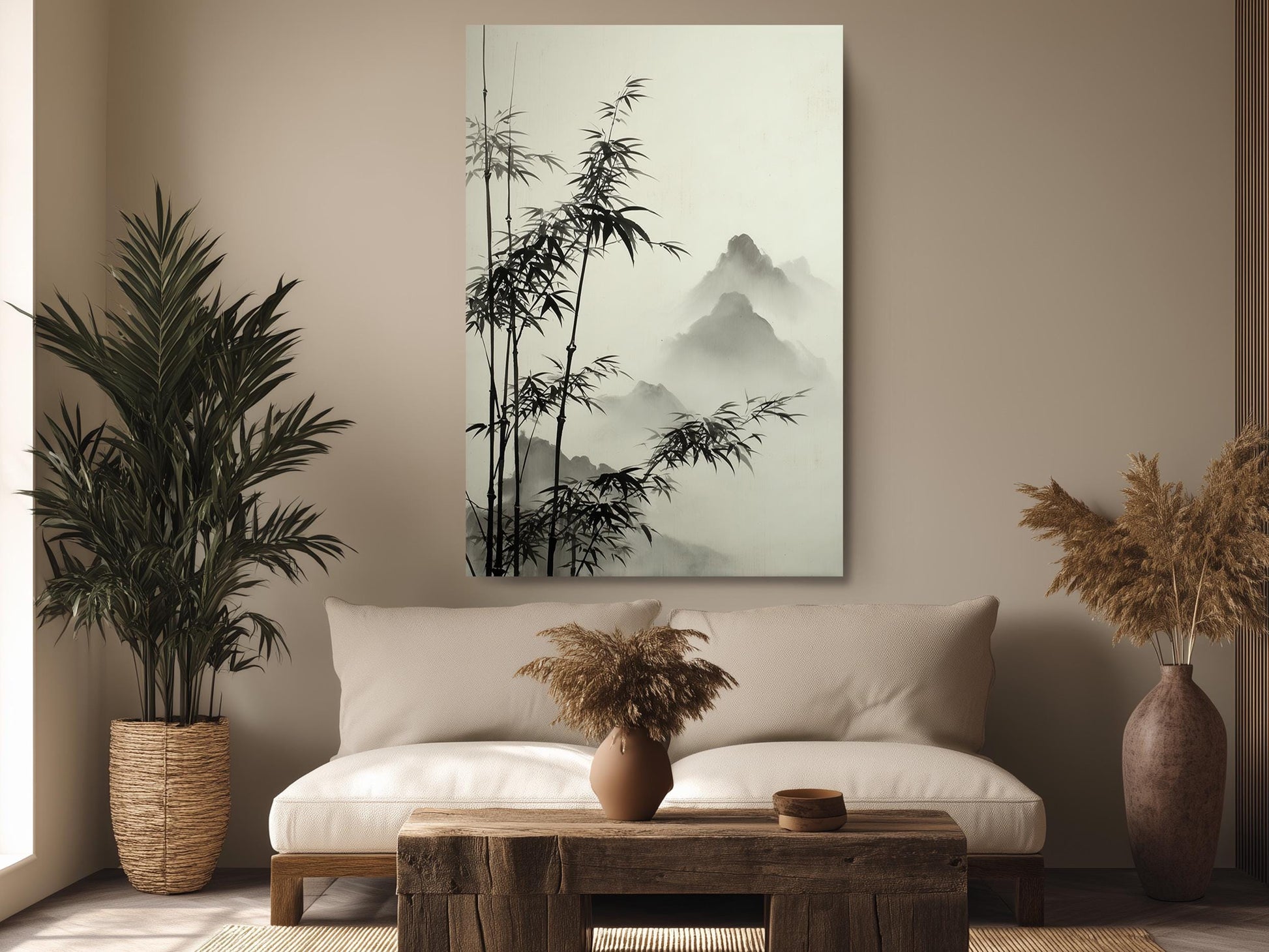 a serene living room with a large bamboo plant, a wooden coffee table, and a framed landscape painting on the wall.