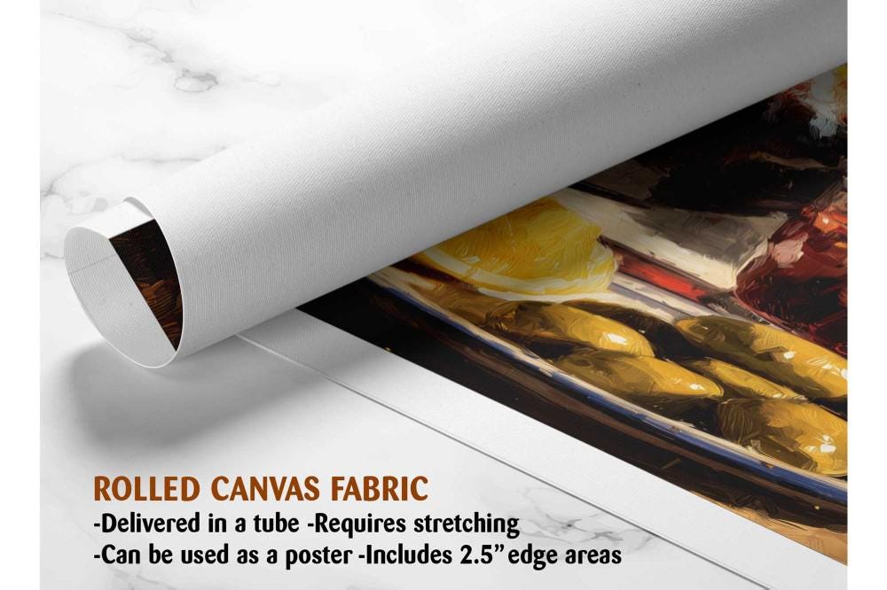 The image is a rolled canvas fabric, which is a type of canvas material used for painting or printing. It is described as a tube-delivered canvas fabric, which means it is delivered in a tube and requires stretching before use. It can be used as a poster with a 2.5&quot; edge area.