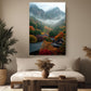 a living room with a large painting of a mountainous landscape hanging on the wall. The painting depicts a serene mountain scene with colorful autumn foliage. The room is decorated with potted plants, a wooden coffee table, and a vase, creating a cozy and inviting atmosphere.