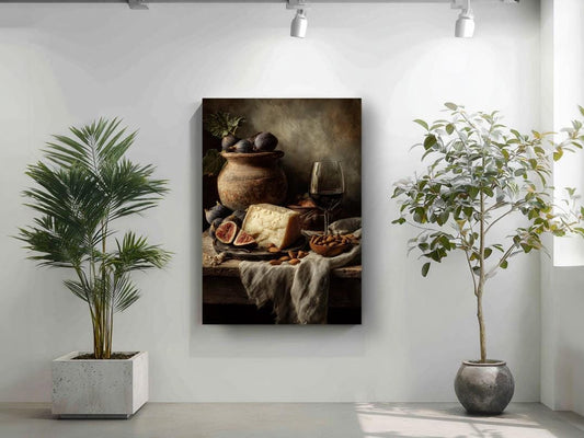 a still life painting of a table with various food items, including a vase, a bowl of fruit, and a glass of wine. The painting is hung on a white wall, with two potted plants placed on either side of it.