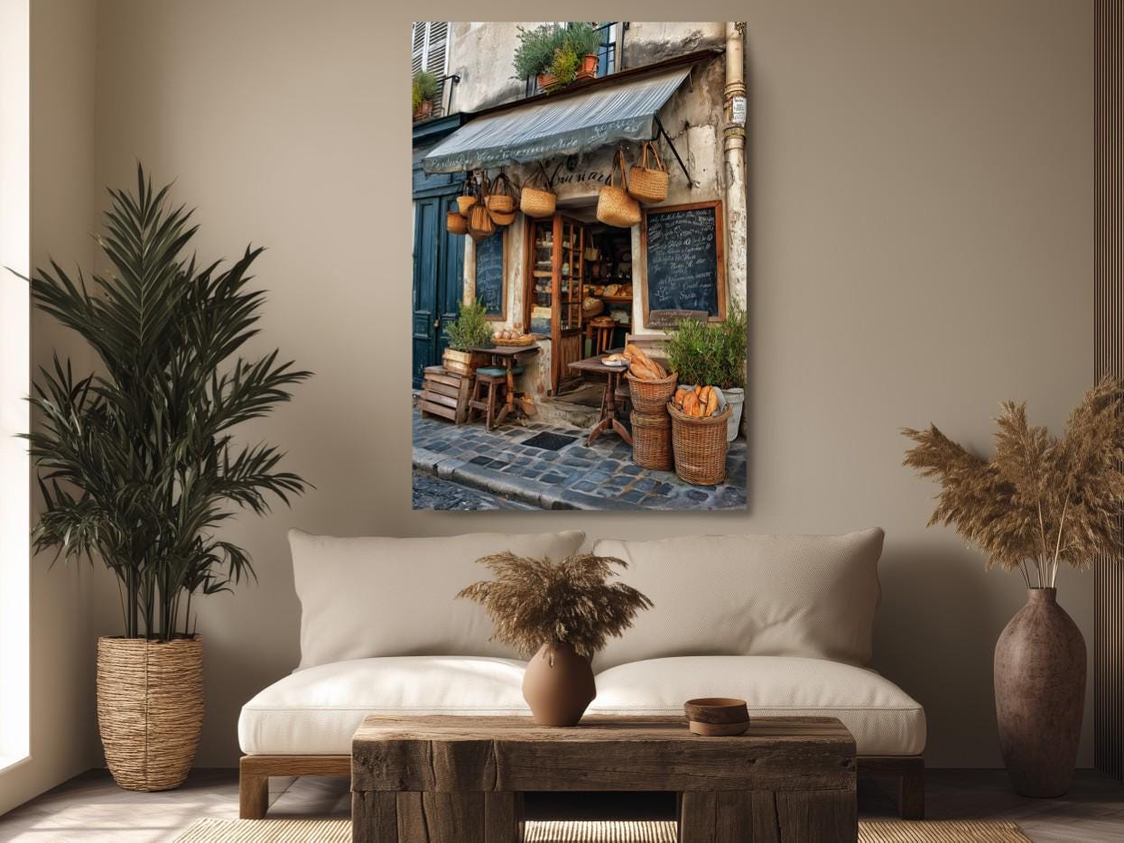 a cozy living room with a large window, a comfortable sofa, and a wooden coffee table. Above the sofa, there is a large canvas print depicting a charming bakery with a chalkboard menu and baskets of bread.