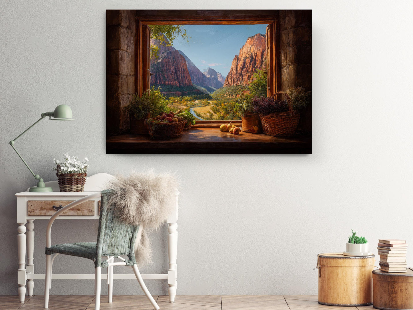 a cozy workspace with a desk, chair, and a large window that offers a breathtaking view of a mountainous landscape.