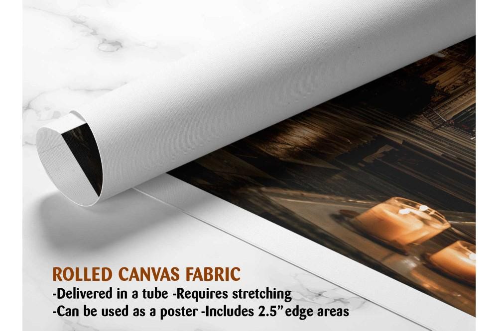 The image is a rolled canvas fabric, which is a type of canvas material used for creating artwork. It is described as a tube-delivered canvas fabric, which means it is delivered in a tube and requires stretching before use. The fabric can be used as a poster, with a 2.5&quot; edge area.