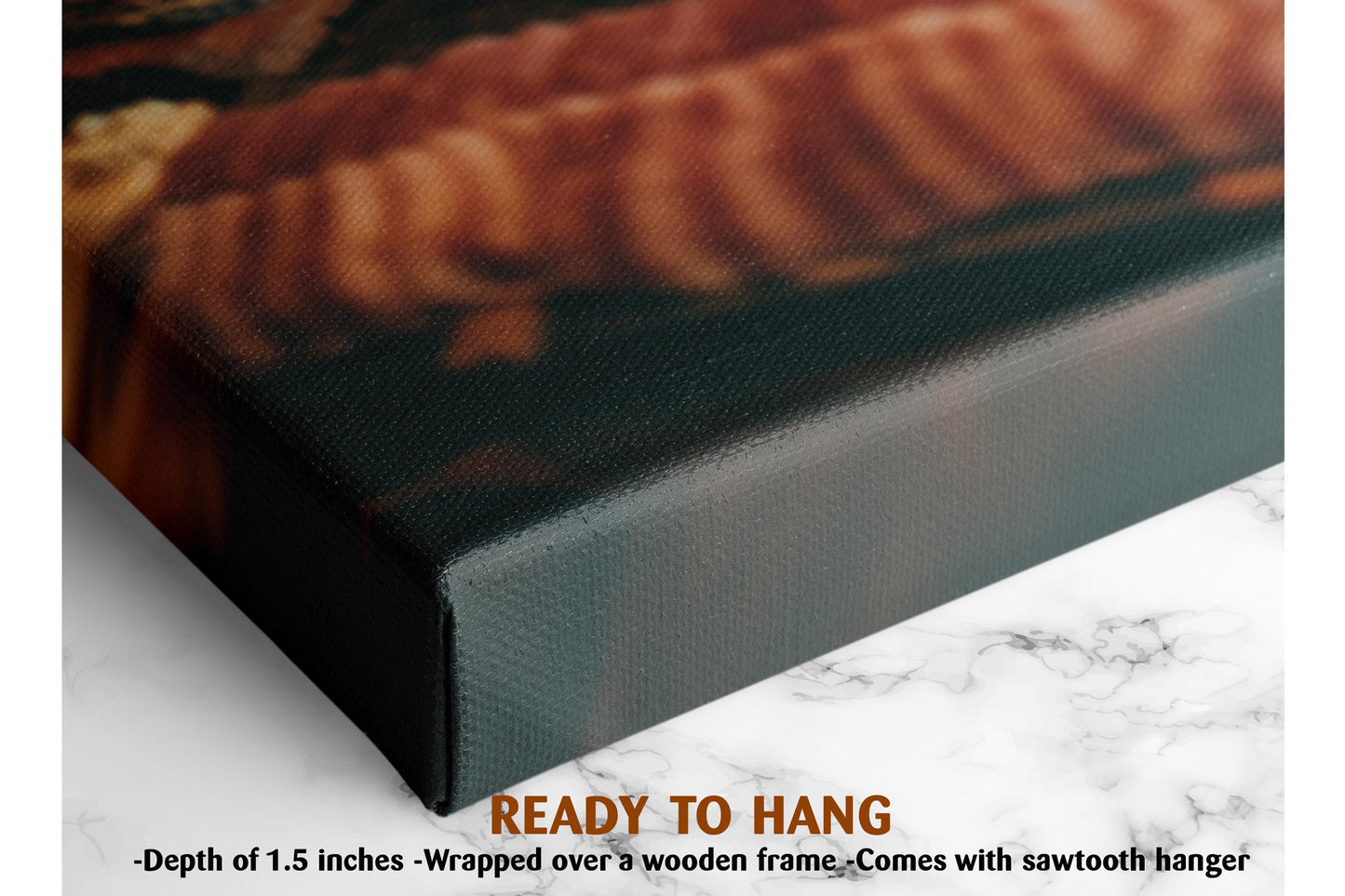 The image is a close-up of a canvas print featuring a wooden frame. The print is described as a &quot;Ready to Hang&quot; and has a depth of 1.5 inches. It is wrapped over a wooden frame and comes with a sawtooth hanger.
