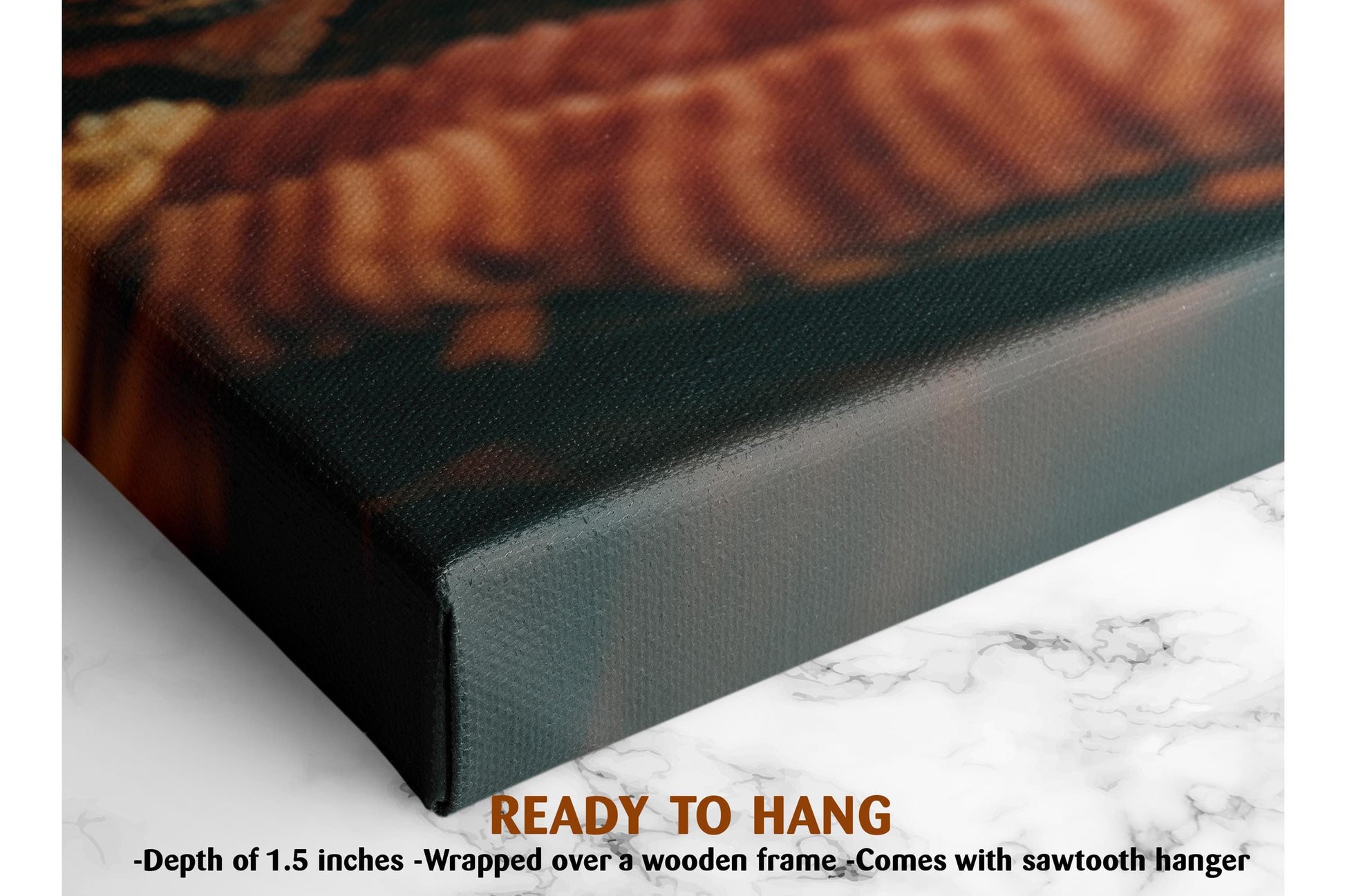 The image is a close-up of a canvas print featuring a wooden frame. The print is described as a &quot;Ready to Hang&quot; and has a depth of 1.5 inches. It is wrapped over a wooden frame and comes with a sawtooth hanger.