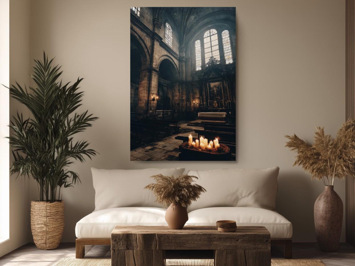 a serene and cozy living room with a large painting of a church interior hanging on the wall. The painting features a warm, inviting atmosphere with candles illuminating the space and a potted plant adding a touch of greenery. The room is furnished with a white sofa and a wooden coffee table, creating a harmonious and tranquil setting.