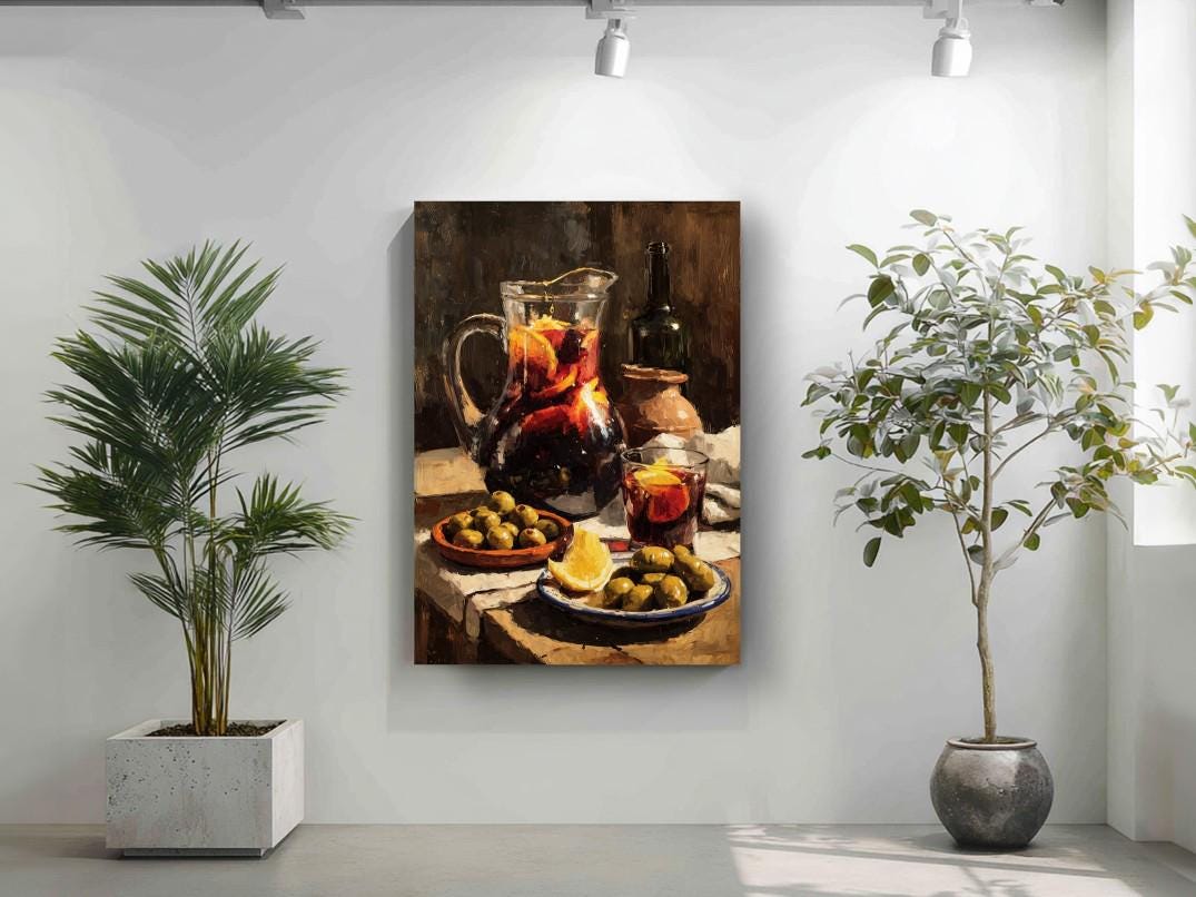 a still life painting of a table with various items, including a pitcher of wine, a plate of olives, and a potted plant.