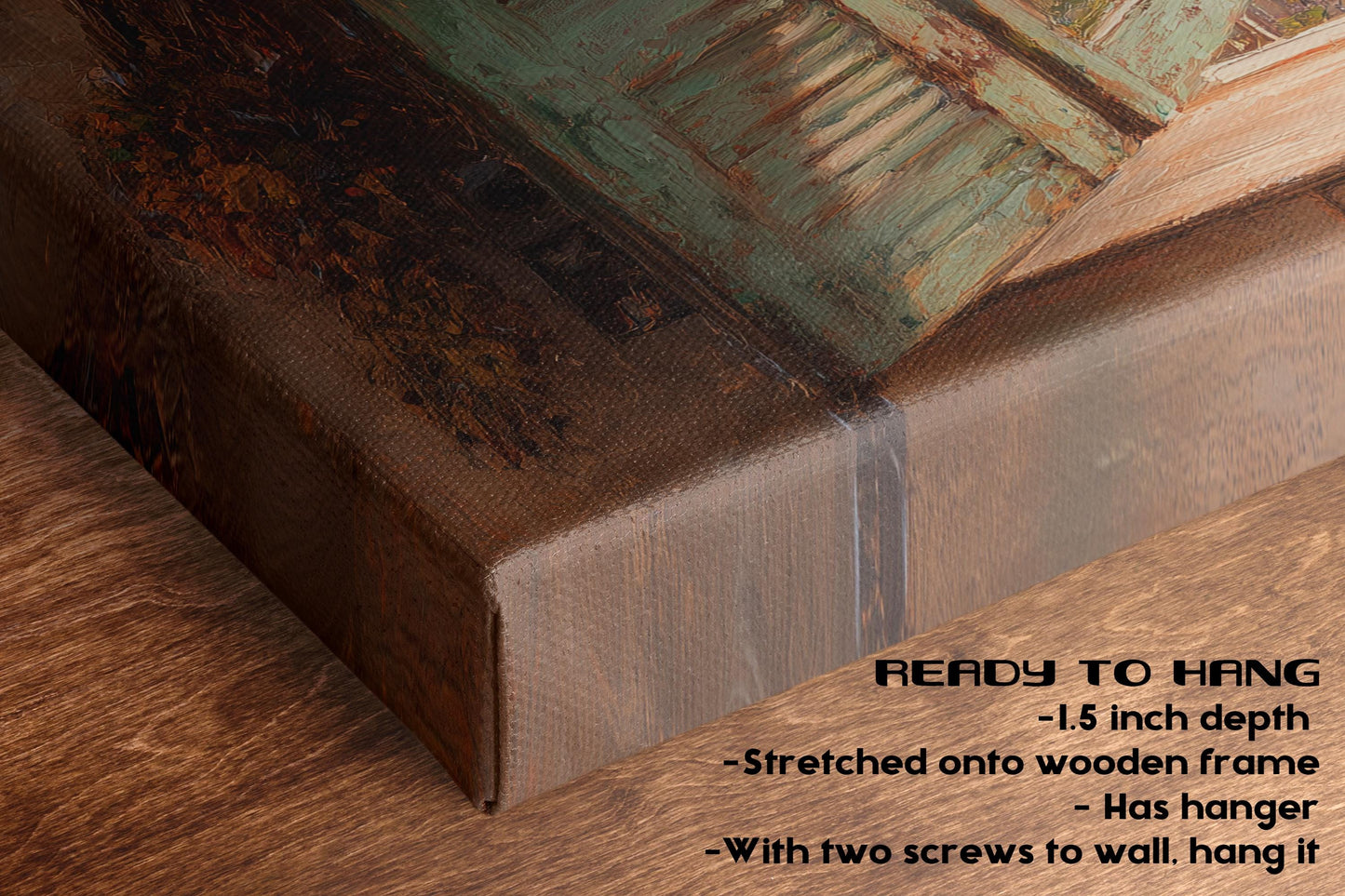 The image is a close-up of a wooden frame with a painting or artwork inside, and there is text at the bottom of the image providing information about the frame and the artwork.