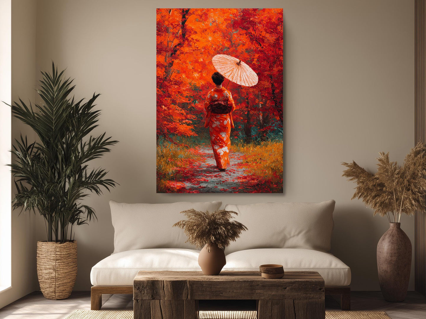 a woman in a traditional Japanese kimono walking through a colorful autumn forest, holding an umbrella.