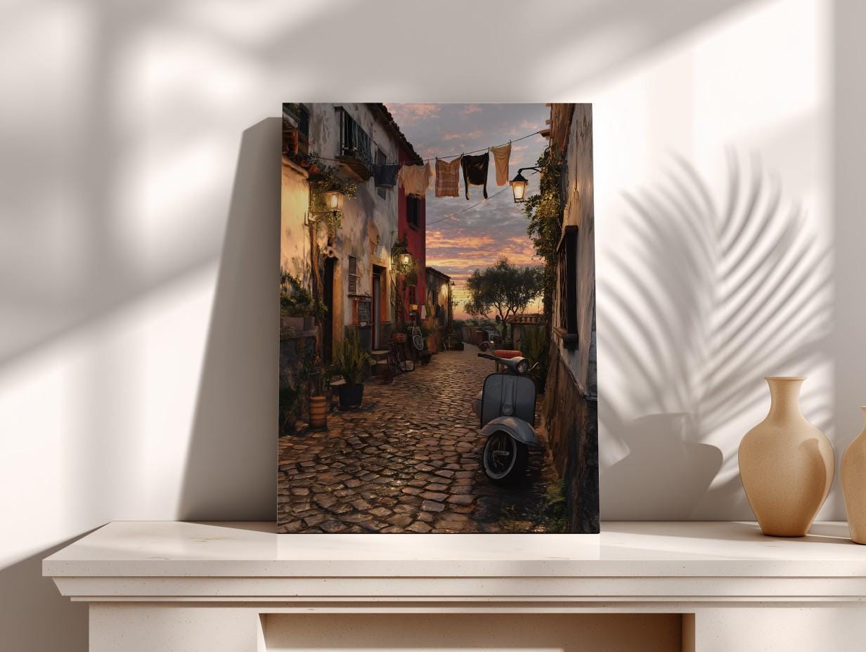 a narrow cobblestone street lined with colorful buildings and hanging laundry, creating a charming and picturesque scene.