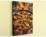 A close-up of a paella dish with shrimp, mussels, and other seafood, cooked over a fire.