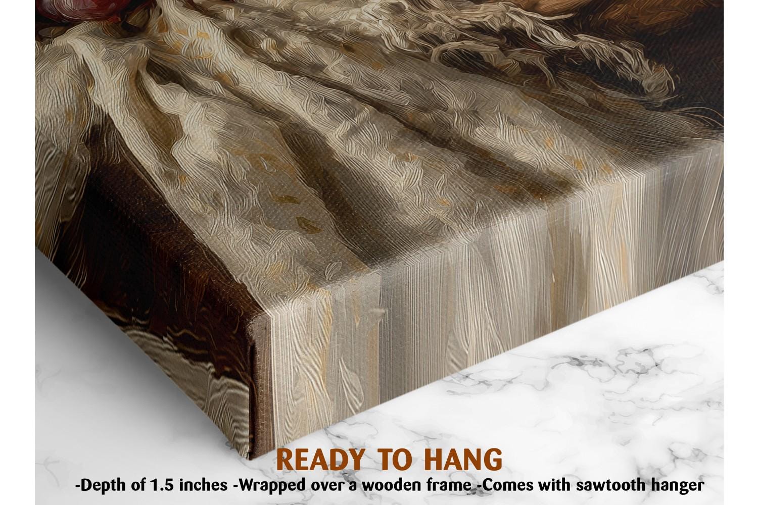 The image is a close-up of a textured fabric, possibly a piece of clothing or a textile, with a wooden frame. The text &quot;READY TO HANG&quot; is visible, indicating that the fabric is ready to be hung up.