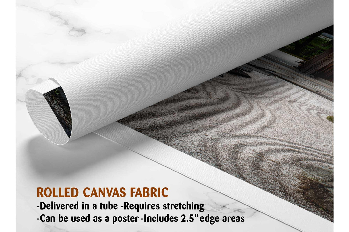 The image is a rolled canvas fabric, which is a type of canvas material used for painting or printing. It is described as a tube-delivered fabric, which means it is delivered in a tube and requires stretching before use. It can be used as a poster with a 2.5&quot; edge area.